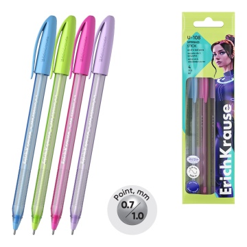 Набор из 4 ручек шариковых ErichKrause U-108 Stick Spring 0.7, Ultra Glide Technology, цвет чернил с