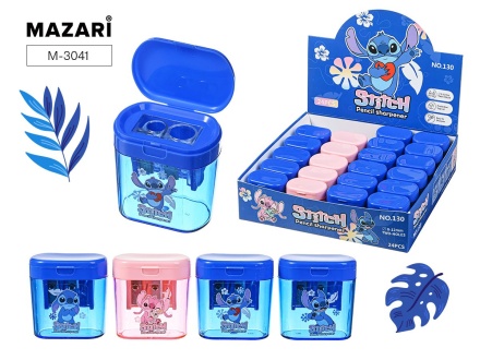 Точилка пластик.с контейнером. УШАСТИК (Стич), 2 отверстия, 3 дизайна