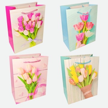 Пакет подар. бумажн. 18*24*8,5 см 210 гр/м2 Тюльпаны, 4 дизайна