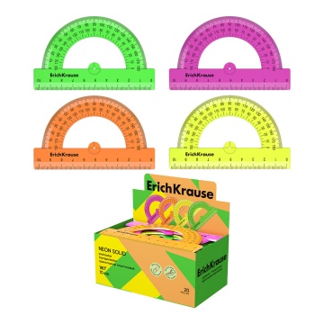 Транспортир пластиковый ErichKrause Neon Solid, 180/10см, ассорти (в коробке-дисплее по 20 шт)