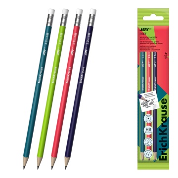Набор из 4 чернографитных карандашей пластиковых ErichKrause JOY Reef, суперстираемых, круглых, с л