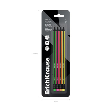 Набор из 4 чернографитных карандашей ErichKrause VIVO, трехгранных, с ластиком, HB (в блистере)