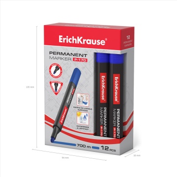 Перманентный маркер ErichKrause P-170, цвет чернил синий (в коробке по 12 шт.)
