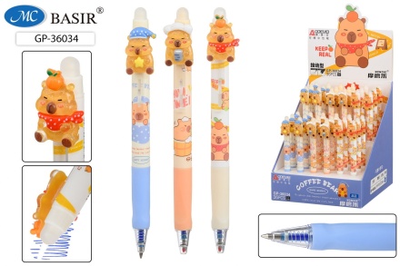 Ручка гелевая, стираемая. Автоматич. "КАПИБАРА"; цв.с рисунком корпус. Ассорти, клип с насадкой-капибара; 0,5 mm; синяя.