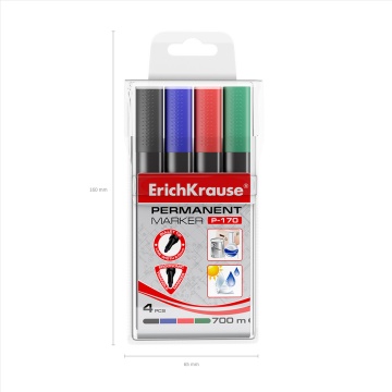 Набор из 4 перманентных маркеров ErichKrause P-170, цвет чернил: черный, синий, красный, зеленый (в