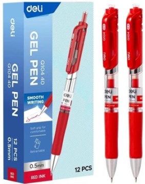 Ручка гелевая автомат. Deli 0,5мм красная, резиновая манжета