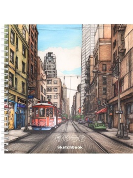 Скетчбук 190*190мм  40л., гребень,  80гр/м2 "Городской проспект" крафт, мат.лам.,выб.лак.