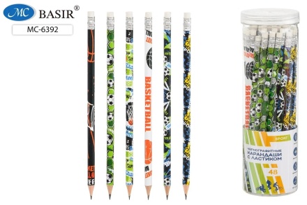 Карандаш чернографитный "СПОРТ". НВ. Деревянный, заточенный, с ластиком. Цветной с рисунком ассорти. Упак. Тубус 48 шт