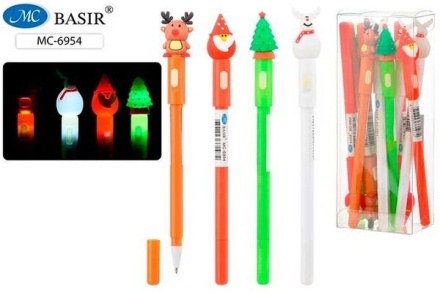 Ручка:детская шариковая "Новогодняя ; прорезиненный клип фонарик, 0,5mm, цв