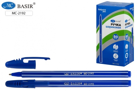 Шариковая ручка: синий пластиковый корпус с белой полоской, синий колпачок с клипом, шестигранная, цвет чернил – синий,1 mm.