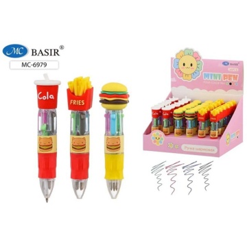 Авторучка - МИНИ: 4-х цветная: детская; "ФАСТ-ФУД"; мини-корпус с цветным резиновым держателем, прорезиненный наконечник в виде "фаст-фуда"; 0,5 mm.