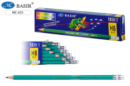 Карандаш чернографитный: пластиковый зеленый корпус, заточенный, с ластиком..НВ №2