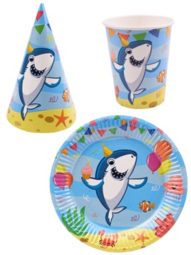 Набор для праздника  "Акула"  тарелка 6шт, стаканы 6 шт, колпаки 6 шт