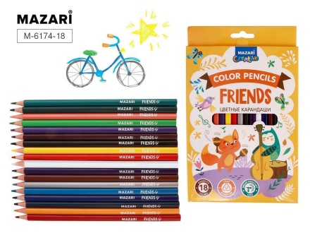Карандаши цветные пластиковые FRIENDS, 18 цв., трехгранный корпус, d грифеля = 2.6 мм, картонная упаковка с европодвесом