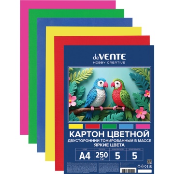 Картон цв. А4  5цв. 5л. тонированный, двусторон.., пл. 250 гр/м2, яркие цвета