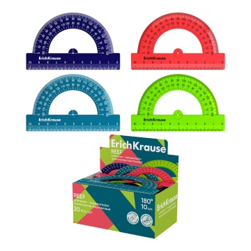 Транспортир пластиковый ErichKrause Reef, 180/10см, ассорти (в коробке-дисплее по 20 шт)
