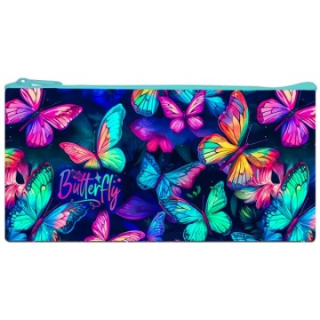 Пенал мягкий. Ручка на карабине. Ткань, дизайн. НЕОНОВЫЕ БАБОЧКИ