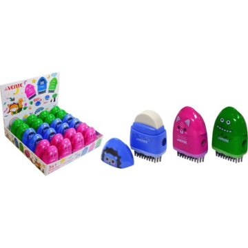 Точилка и ластик 3 в 1 пласт.с контейнером 1 отв., с кисточкой Animals