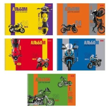 Альбом А4 24л гребень "TurboМото", перфорация на отрыв, выб.лак., 5диз.в блоке, пл. 100 гр/м
