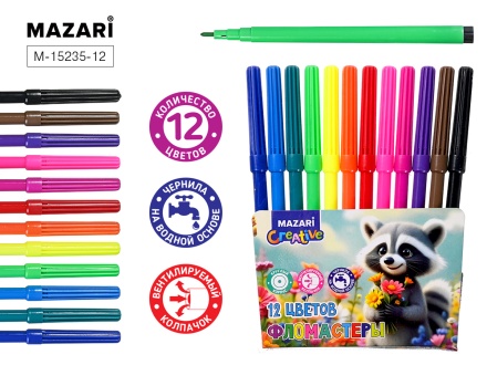 Фломастеры  12цв "Mazari. Енот" вентилир.колпачок