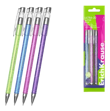 Набор из 4 ручек шариковых ErichKrause ULTRA-20 Stick Glitter 0.7, Super Glide Technology, цвет черн
