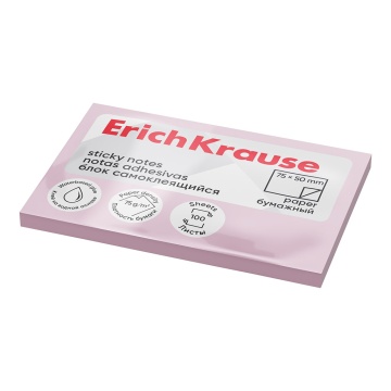 Блок самоклеящийся бумажный ErichKrause 75х50 мм, 100 листов, розовый