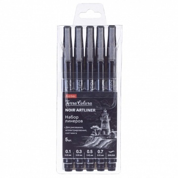 Набор линеров "Terra Colora. Hatber Noir" 0.1,0.3,0.5,0.7мм.,brush 5шт, черный