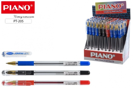 Ручка шариковая: на масляной основе, "Piano GOLD", прозрачный корпус, резиновый рефлённый держатель, наконечник золотистого цвета, игольчатый стержень, прозрачный колпачок, (3 цв: 35-синих, 10-чёрных, 5-красных).толщина пишущего наконечника 0,5 mm.
