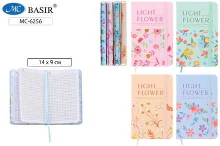 Ежедневник-блокнот: "ЦВЕТЫ"; обложка-цветная, рисунок-мелкие цветы с золотым тиснением .ассорти., внешняя сторона блока с цветным напылением; блок-клетка 1 офсет (прошитый), с резинкой, 96 листов; 14*9 см.