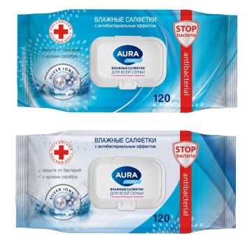 Салфетки влажные  AURA 120 шт антибактериальные с клапаном д/всей семьи
