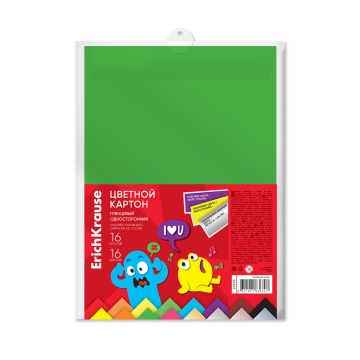 Цветной картон глянцевый в пласт. папке ErichKrause, Jolly Friends, А4, 16 л., 16 цв.(с металлиз.+фл