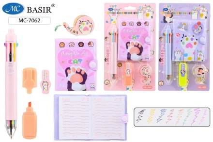 Блокнот на кнопке + 8-цв.авторучка + мини-текстмаркер + диспенсер с детским скотчем. Набор подарочный детский "КОШКИНЫ ЛАПКИ". 22*13 см.