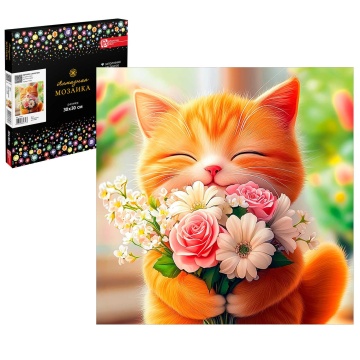 Мозаика алмазная по номерам на холсте 30*30см "Котенок с букетом" с подрамником (частичн.выкл.)