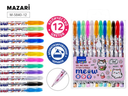 Набор гелевых ручек MAZARI 12 цв. "Meow" с блёстками аромат.чернила, цв.корпус, 0,9мм