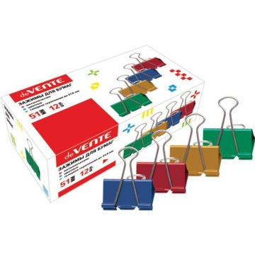 Зажим д\бум. мет. цветные deVENTE 51мм., 12шт/уп.