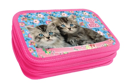 Пенал 2 отд. (205*125*40) молния, лам.картон "Коты и розы" с блестками+ конгрев