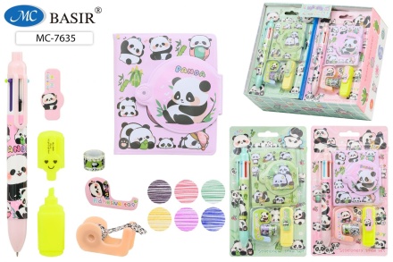 Блокнот детский+6-цв.авторучка+мини текстмаркер+диспенсер+2 скотча. "ПАНДА". Набор подарочный. 19,5*11,5 см.