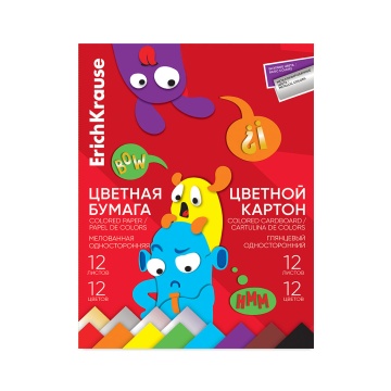 Набор цв. бум. мелов. и картона глянц. в папке ErichKrause, Jolly Friends, А4, 24 л., по 12 цв.(с ме