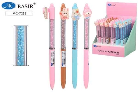 Ручка шариковая с поворотным механизмом. "ЖИВОТНЫЕ"; клип с насадкой, корпус цветной.прозрачн. с наполнителем-стразы, синяя.