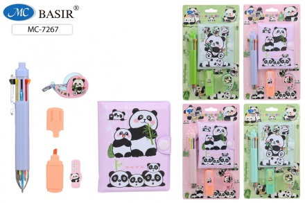 Блокнот детский+8-цветная авторучка+мини текстмаркер+диспенсер с детским скотчем. "ПАНДА". Набор подарочный. 22*13 см.