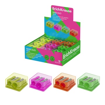 Точилка пластиковая ErichKrause Base Duo, Neon, с контейнером, ассорти (в коробке-дисплее по 18 шт)