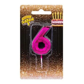 Свеча-цифра "6" Диамант Маджента, 4,5см.