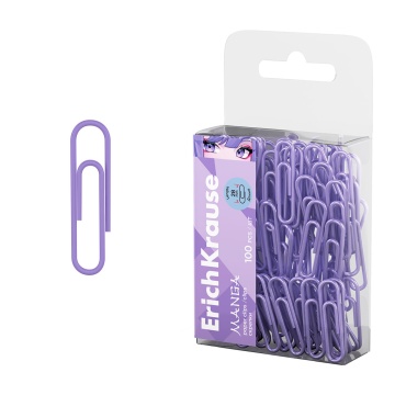 Скрепки металлические с виниловым покрытием ErichKrause Manga, 28мм, Lilac (в пэт-боксе по 100 шт.)