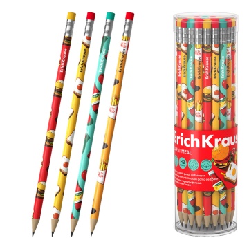 Чернографитный карандаш пластиковый ErichKrause Cheat Meal, круглый, с ластиком, НВ (в тубусе по 42