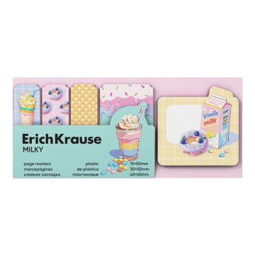 Клейкие закладки пластиковые ErichKrause Milky,15х50 мм, 30х50 мм, 45х45 мм, 100 листов, ассорти
