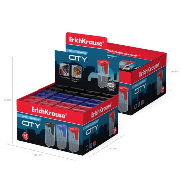 Точилка пластиковая ErichKrause Сити, с контейнером, ассорти (в коробке-дисплее по 24 шт)