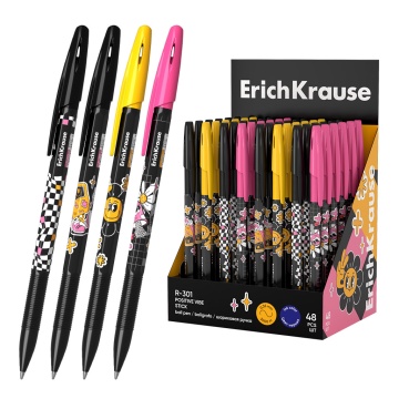 Ручка шариковая ErichKrause R-301 Stick Positive Vibe 0.7, цвет чернил синий (в коробке-дисплее по 4