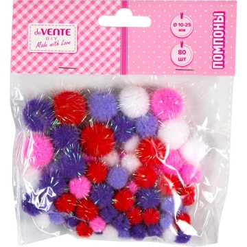 Набор "Помпоны 80шт.с блестками, ассорти размеров и цветов, малиновые