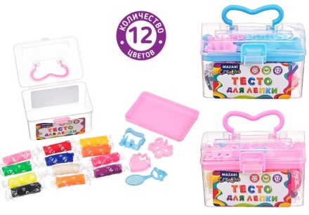 Тесто для лепки. "СУНДУЧОК". 12 цв. 13,5 г. 4 пластик.формочки в комлекте