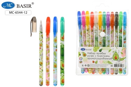 Ручки гелевые. Набор 12 цв. "АВОКАДО". Ароматиз-ые. с блёстками